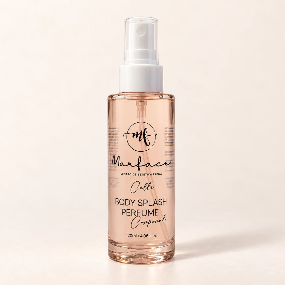 Celle Body Splash Marface, frasco transparente com spray branco e líquido rosado, 120 ml