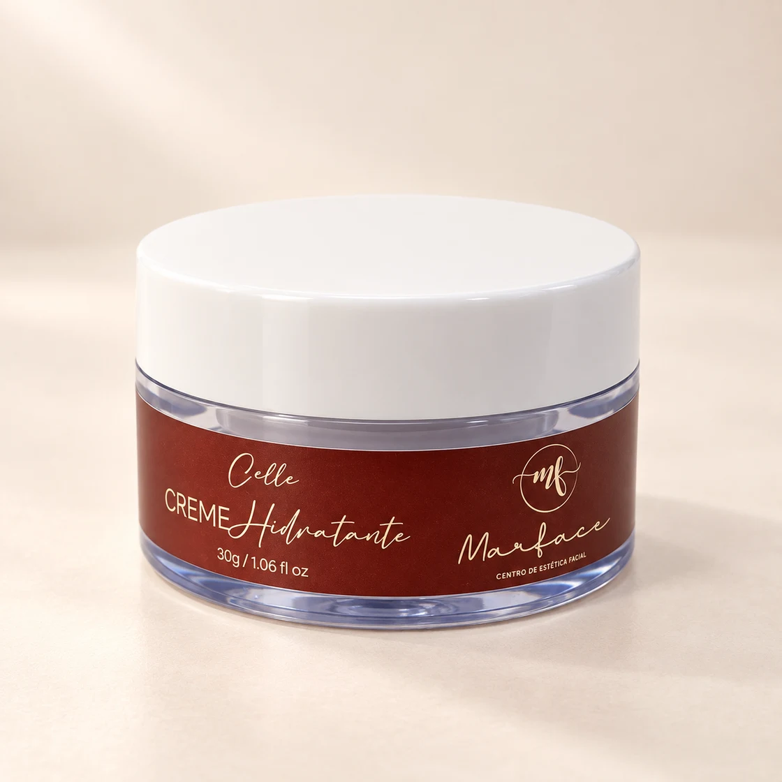 Celle Creme Hidratante Facial Marface, pote transparente com tampa branca e rótulo bordô, 30 g