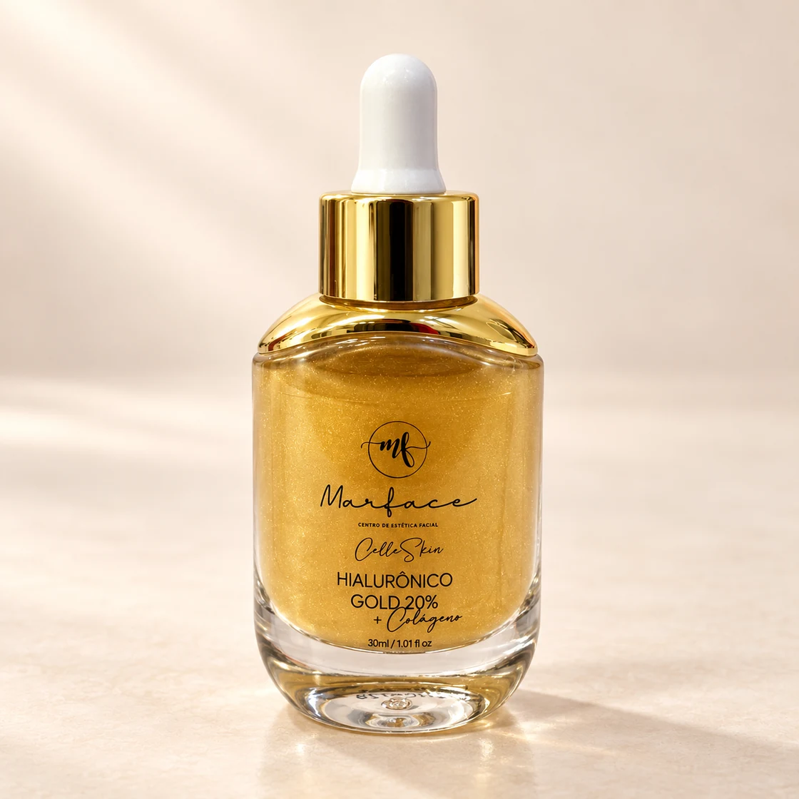 Celle Skin Hialurônico Gold 20% + Colágeno Marface, frasco dourado com conta-gotas branco, 30 ml