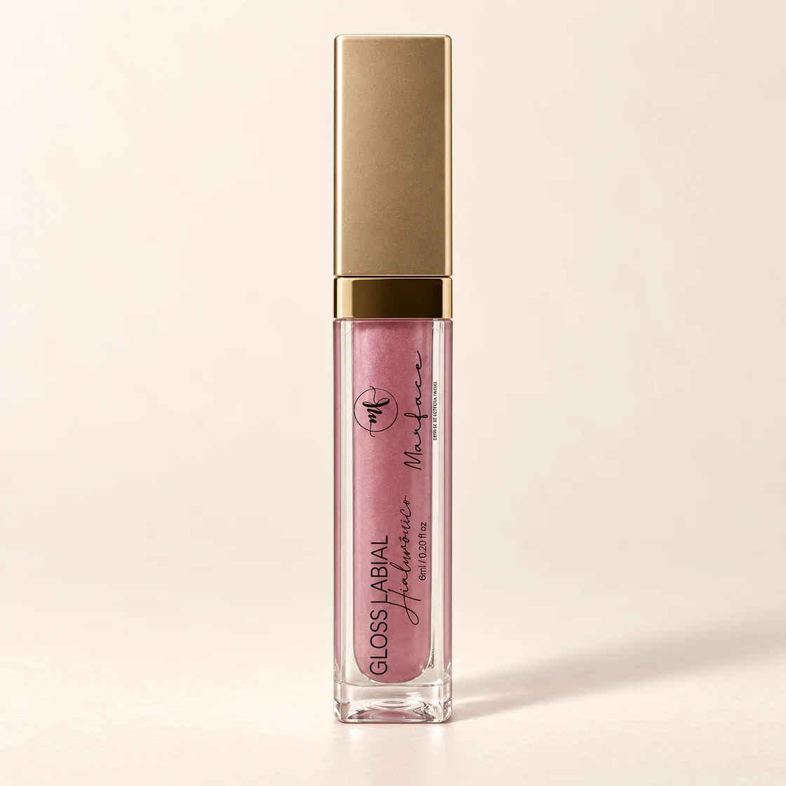 Gloss Labial Hialurônico Marface, tubo transparente rosado com tampa dourada, 6 ml